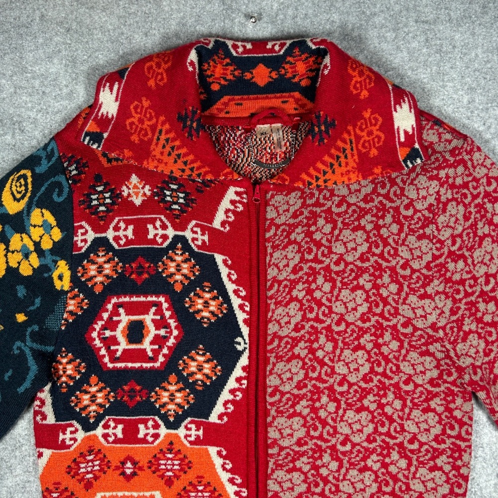 Paparazzi Cardigan Sweater Womens XL Red Mixed Print‎ Wool Blend Boho full zip - Picture 10 of 16